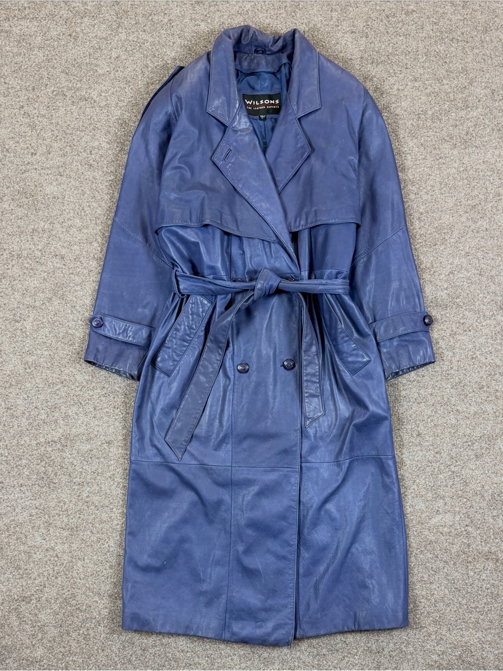 Vintage Wilsons Blue Leather Double Breasted Belted Long Trench Coat Women’s L